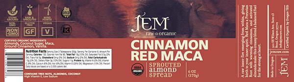 Label, JEM Raw Organic CINNAMON RED MACA Sprouted Almond Spread, 6 oz.