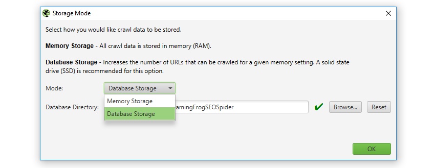 database storage mode