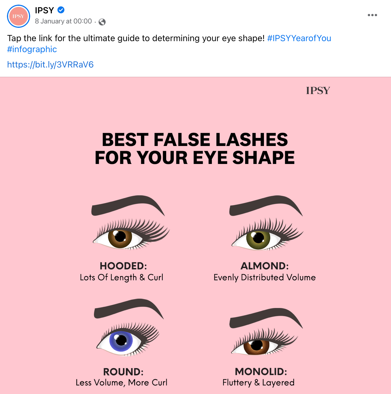 The text says "Tap the link for the ultimate guide to determining your eye shape!" and below they've attached an infographic. Four eye drawings are shown on top of a pink background, each representing a different eye shape. The text reads "Best false lashes for your eye shape"