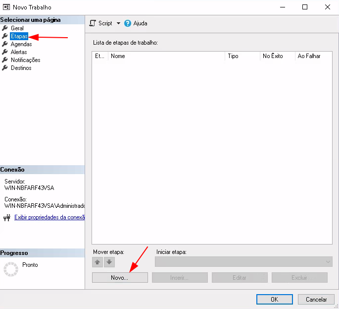 Selecionado a opção de Etapas no menu esquerdo e posteriormente a opção Novo, na parte inferior central.