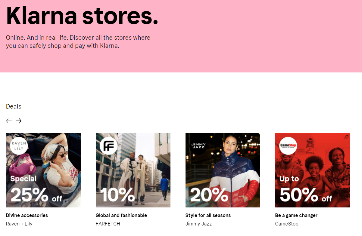 Klarna store page with Raven  + Lily, Farfetch,  Jimmy Jazz, GameStop shops with current discounts. 