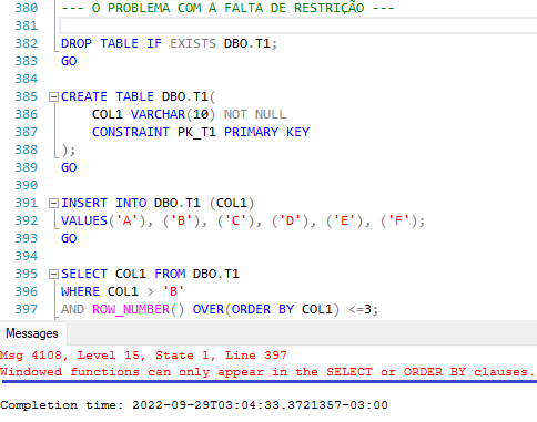 Demonstração da limitação da query com Window Function devido o processamento lógico no banco de dados.
