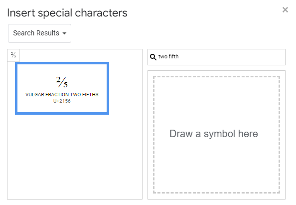 searching for two-fifths symbol in special characters in google docs