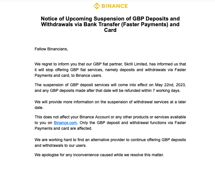 Ekrānuzņēmums no Binance paziņojuma par GBP fiat pakalpojumu apturēšanu.