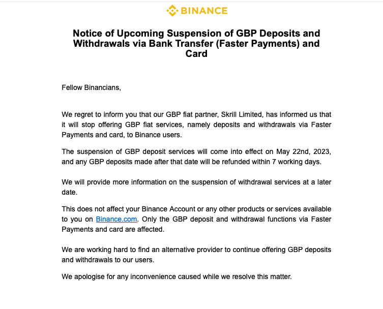 GBP fiat үйлчилгээг түдгэлзүүлэх тухай Binance мэдэгдлийн дэлгэцийн агшин.