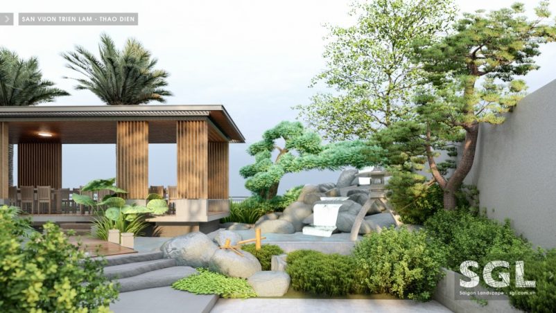 Tiểu cảnh sân vườn đẹp trong dự án thiết kế sân vườn triển lãm tại Thảo Điền, TP.HCM trong năm 2021 của SGL