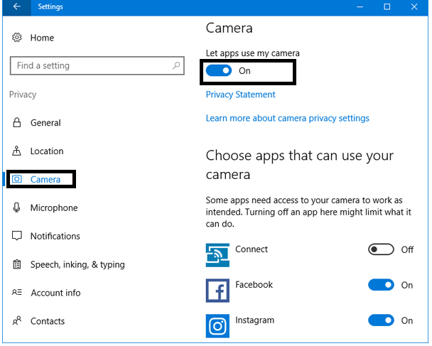 Enable or Disable Camera in Windows 10 using Settings.