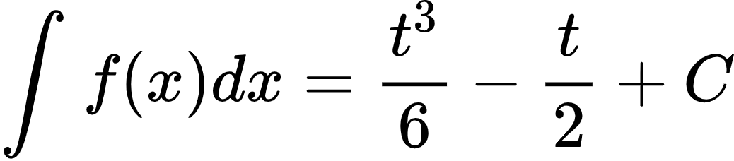 {"type":"align*","font":{"family":"Arial","size":10,"color":"#000000"},"code":"\\begin{align*}\n{\\int_{}^{}f\\left(x\\right)dx}&={\\frac{t^{3}}{6}-\\frac{t}{2}+C}\t\n\\end{align*}","id":"2-1-1-0-0-0-0-1-0-1-0-0","ts":1600428329878,"cs":"OZ/sM7/t7tdYmIs17ygnEA==","size":{"width":172,"height":37}}