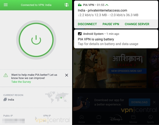 pia vpn connected to india region