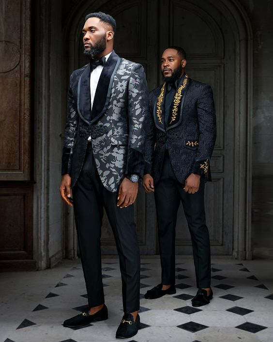 Two men rocking decorated dinner jackets
