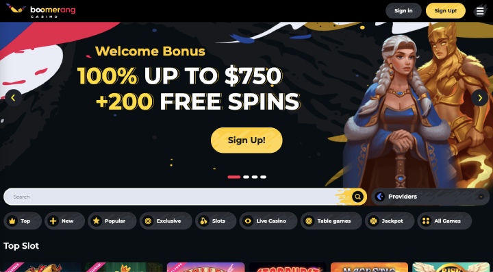 Boomerang casino 100% up to $750 bonus + 200 Free Spins