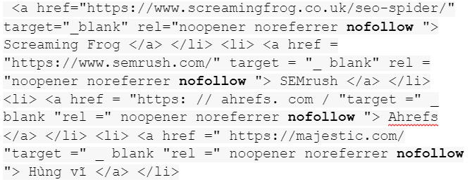 Một đoạn mã có chứa nofollow  trong HTML