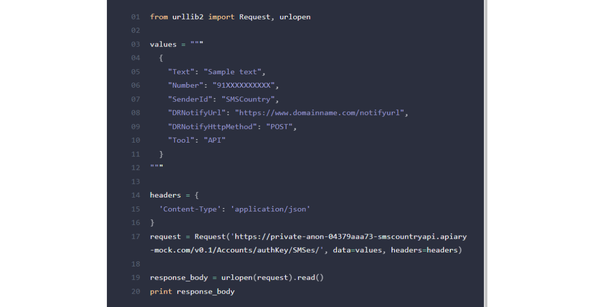 Images showing snippet of  Send SMS code in Python from SMSCOuntry