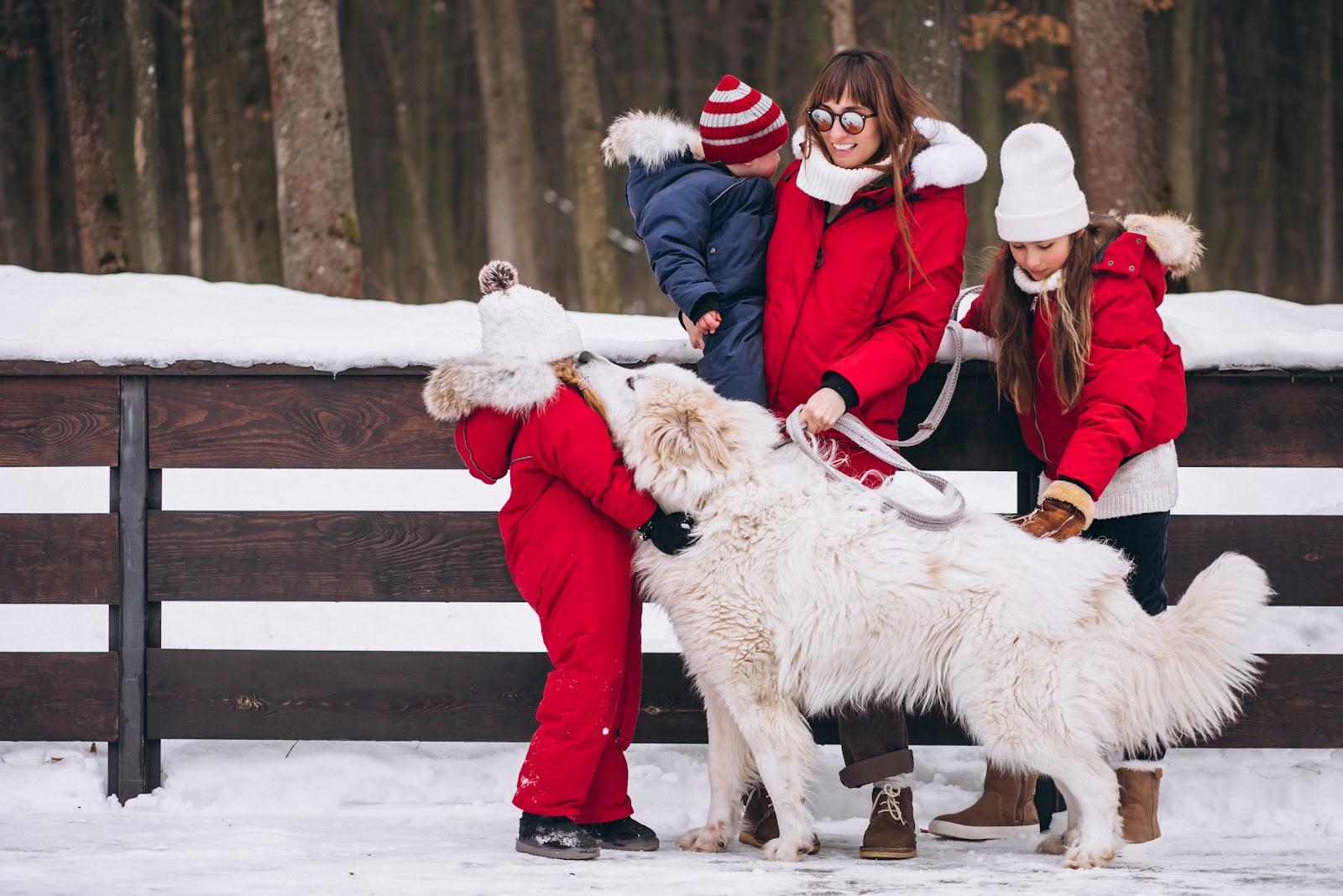 Familia con estilo en la nieve y perro blanco