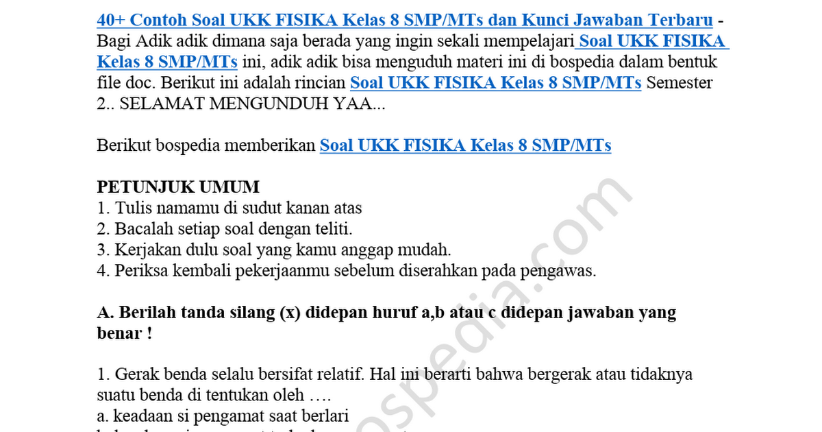 40 Contoh Soal Ukk Fisika Kelas 8 Smp Mts Dan Kunci Jawaban Docx Google Drive