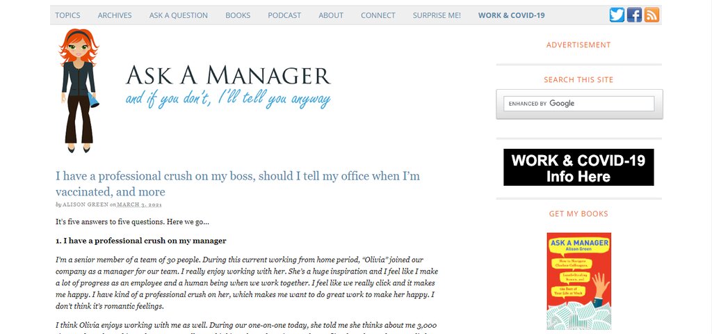 Le site Ask a Manager répond à de nombreuses questions courantes en matière de management.