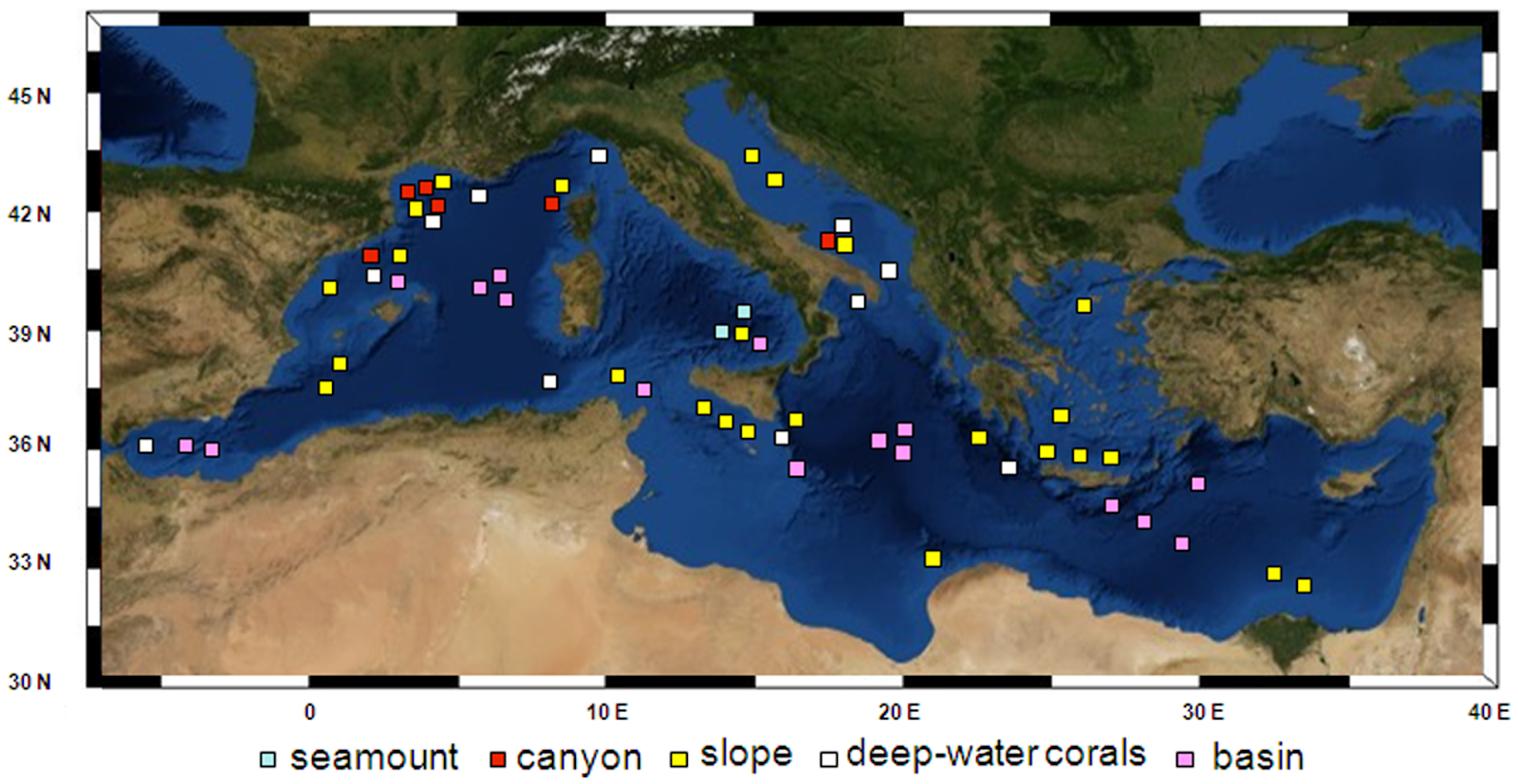 A map of the Mediterranean basin includes features of seamounts, canyons, slopes, deep-water corals, and basins.