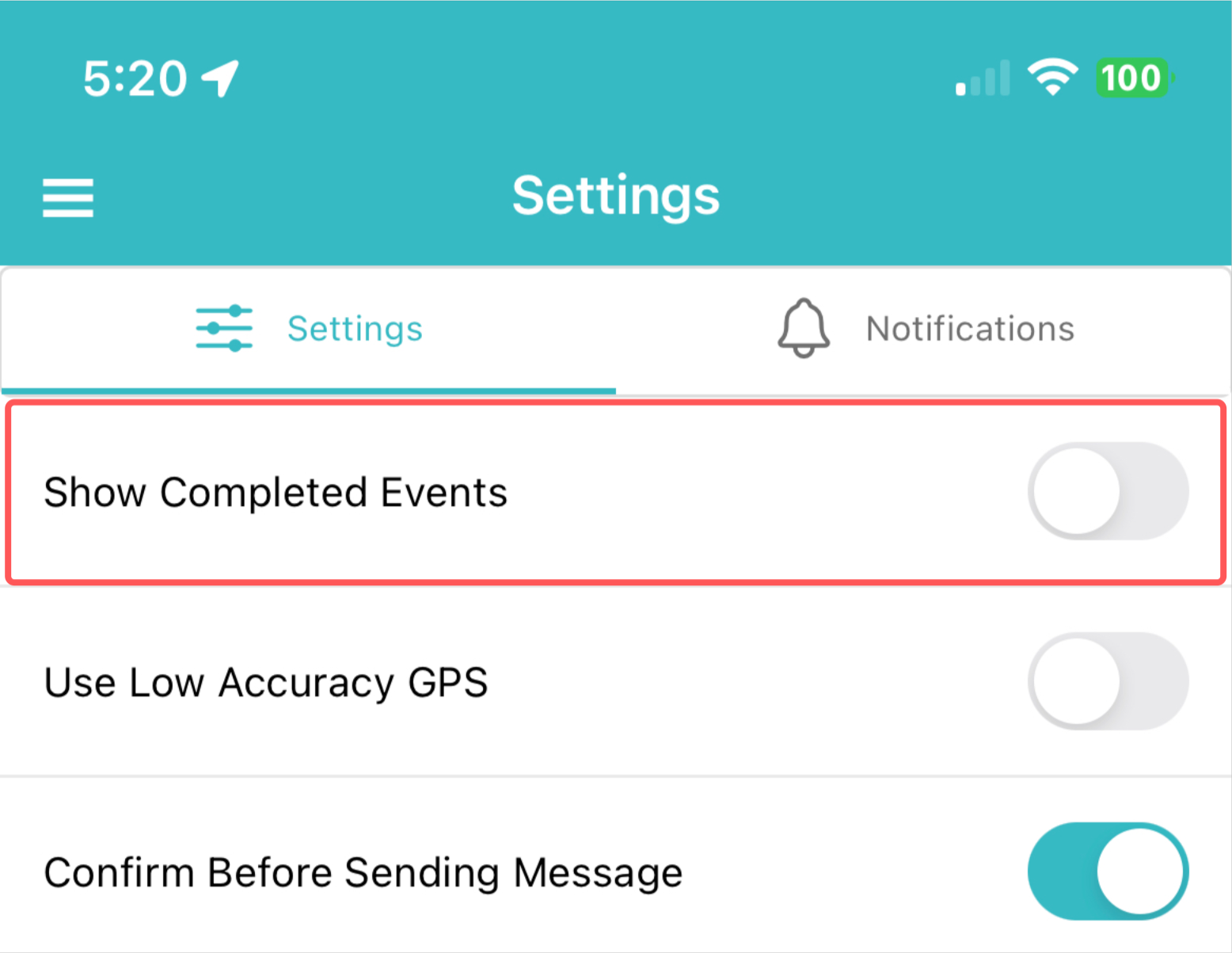 screenshot of settings screen on mobile app with box around show completed events option