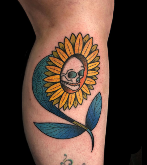 Pipe-Smoking Skull Sunflower Tattoo Design