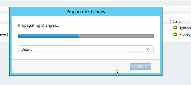 Machine generated alternative text:opagate Chang Propagating changes... Details Synchrt: Propag