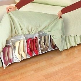 This bed skirt shoe organizer is vertically integrated under the bed skirt.