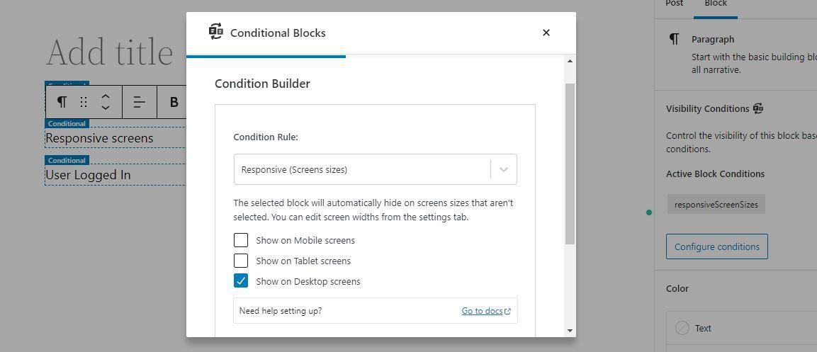 Screenshot of the Conditional Builder with responsive WordPress blocks