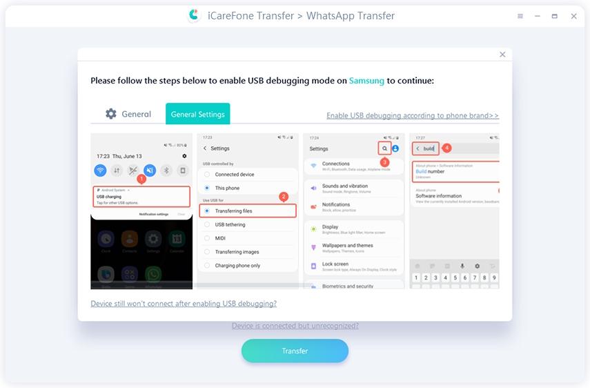 enable USB debugging by following on screen guide of whatsapp transfer with icarefone