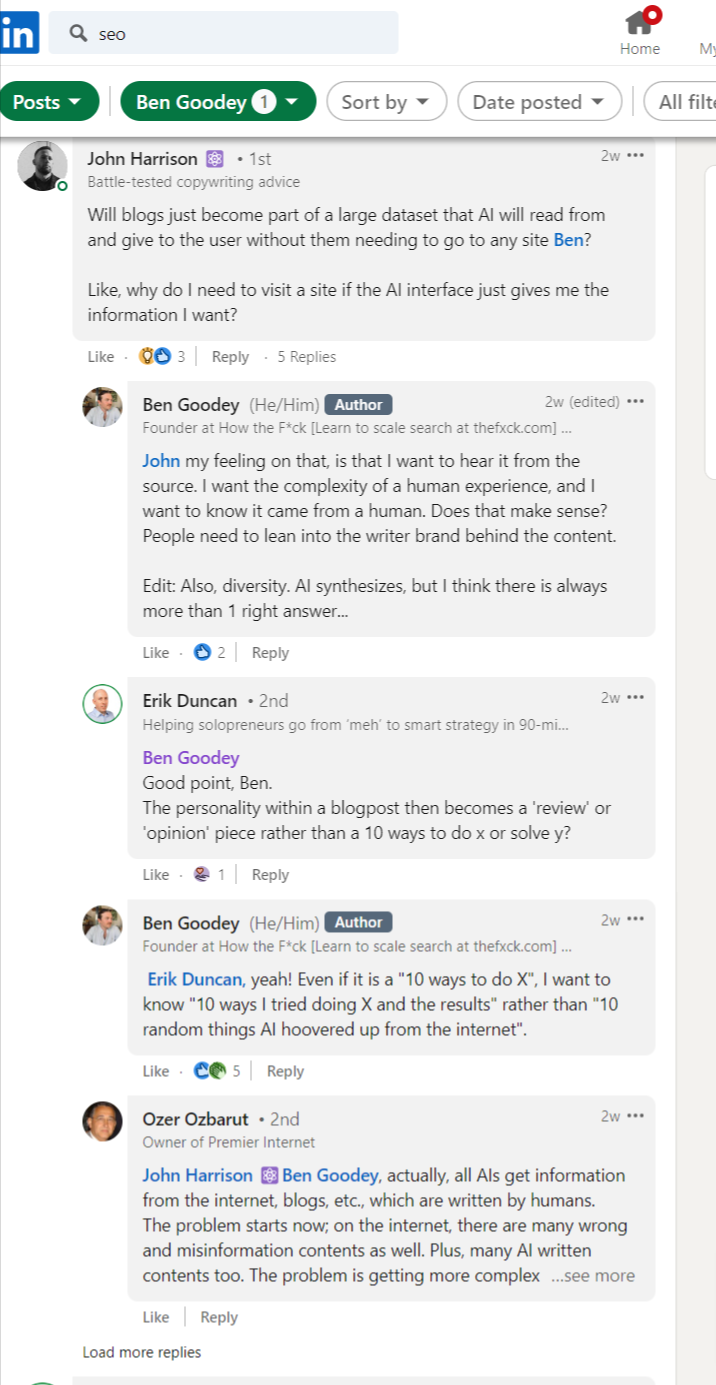 Snapshot of comments on Ben Goodey’s LinkedIn post