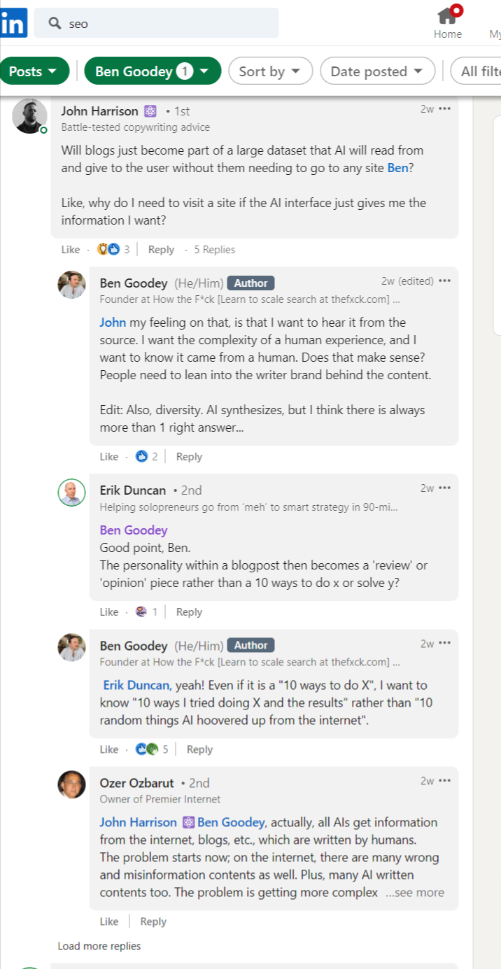 Instantané des commentaires sur le post LinkedIn de Ben Goodey