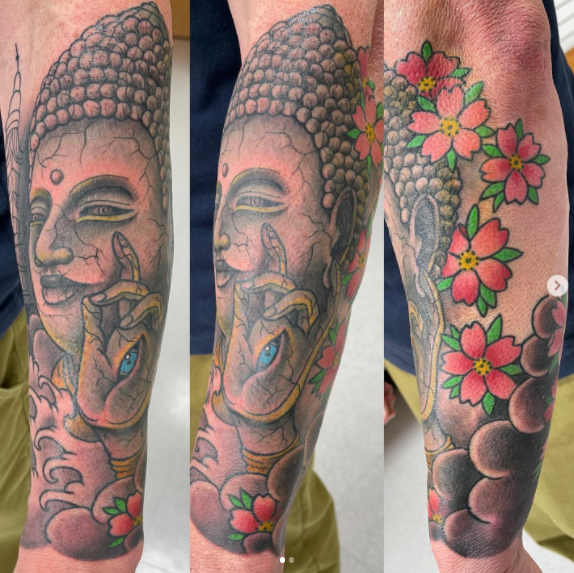 Colorful Buddha Tattoo With Flower