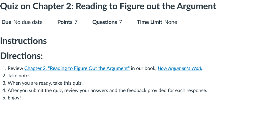 Capture d'écran d'une partie d'un exemple de questionnaire sur le chapitre 2 de How Arguments Work.