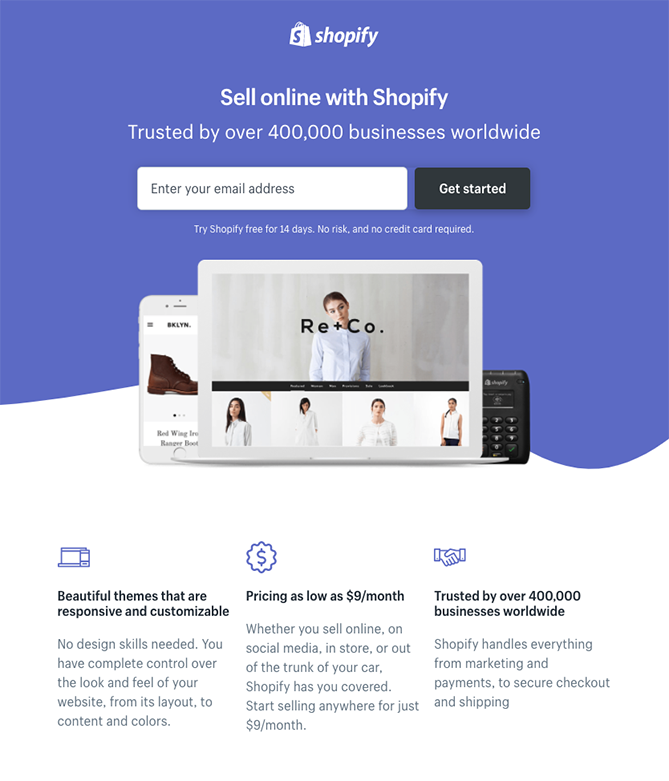 Shopify can be mentioned as one of the best landing page designs.