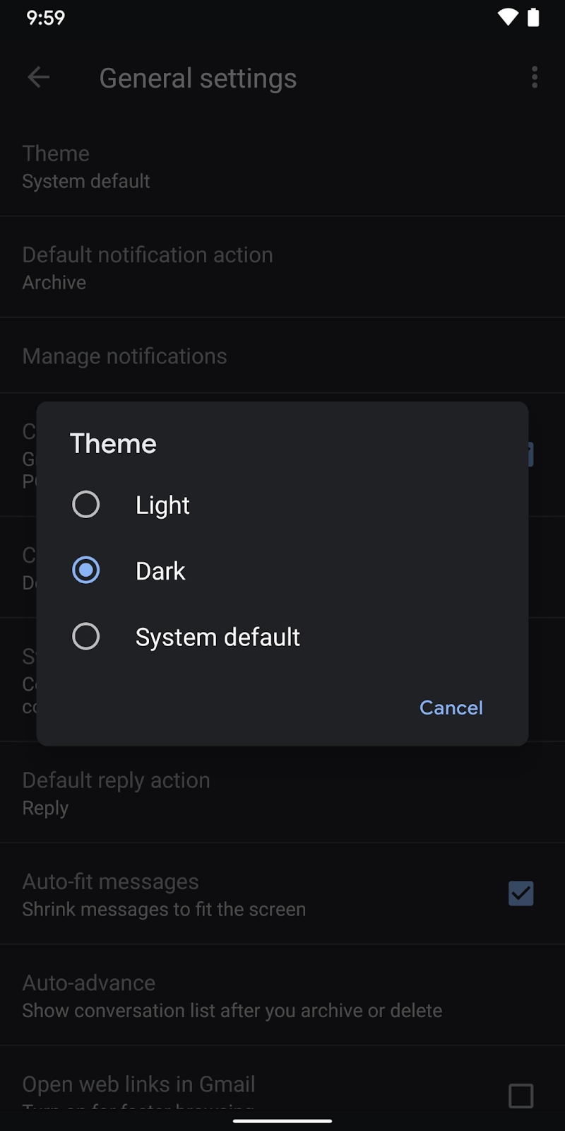 tap light theme to disable dark mode on Android phone