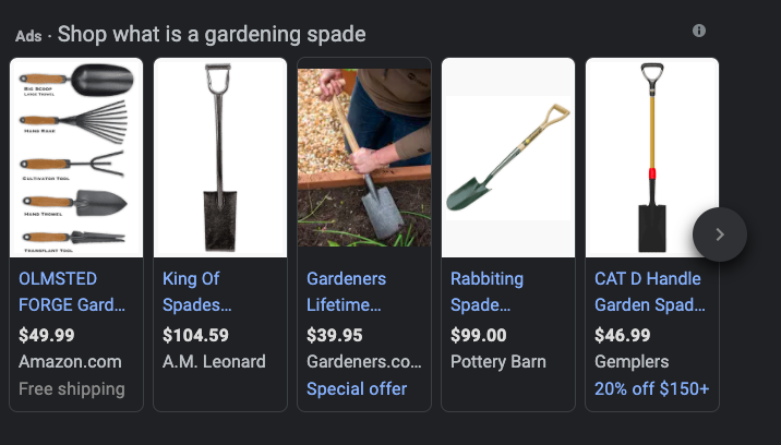 Google search showing gardening spade ads