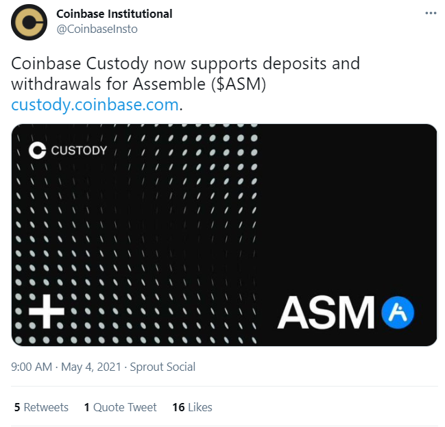 ASSEMBLE Protocol (ASM) Is Now Supported on Coinbase Custody