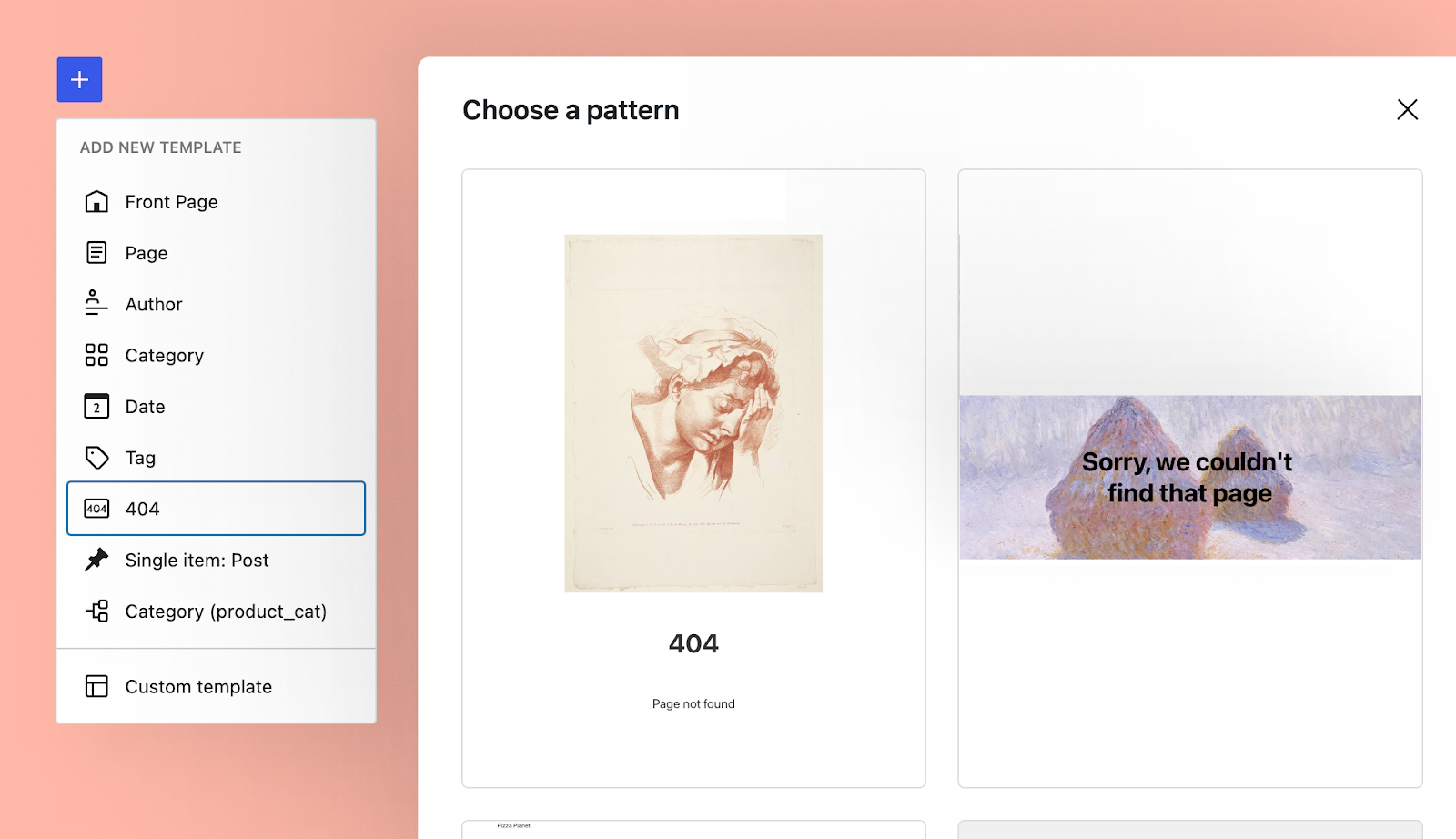WordPress site editor when creating a new 404 template. It shows a grid of patterns to select from.