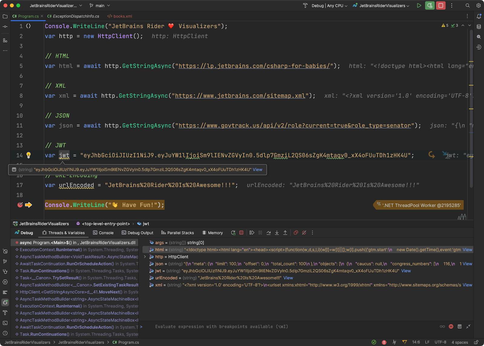 JetBrains Rider debugging the code to show visualizers