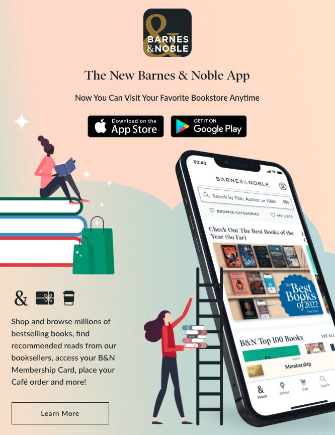 screen shot from barnes and noble site showing the interface of its mobile app