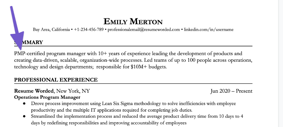 Example of a resume summary containing professional affiliations