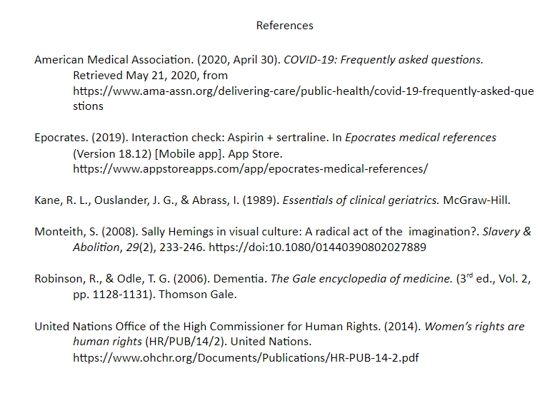 References page with bibliographic citations in alphabetical order, and formatted with a hanging indent. The word References is centered at the top of the page.