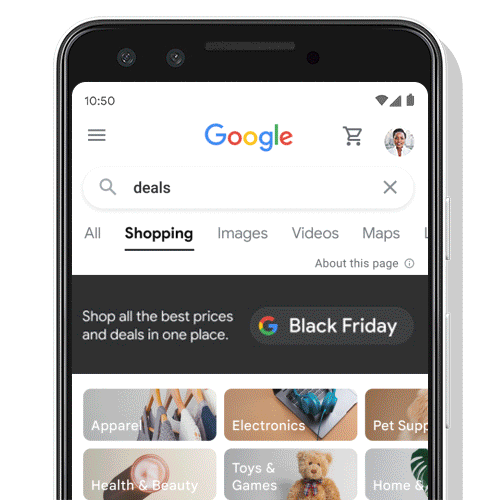Animation showing the new 'deals' section on Google Shopping, displayed on an iPhone