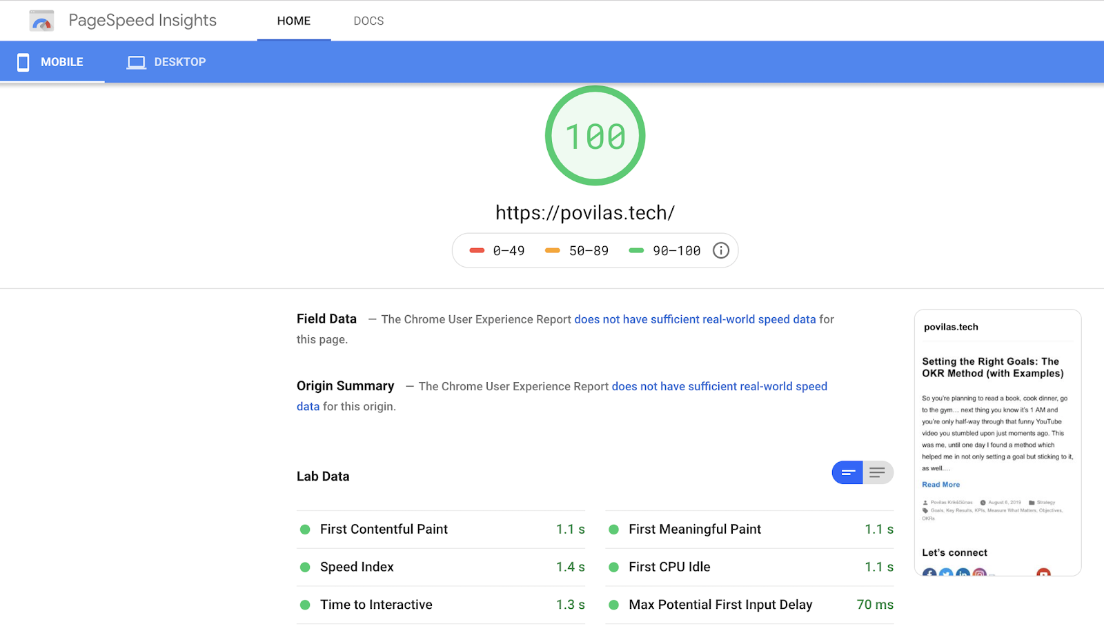 Google PageSpeed insights report score