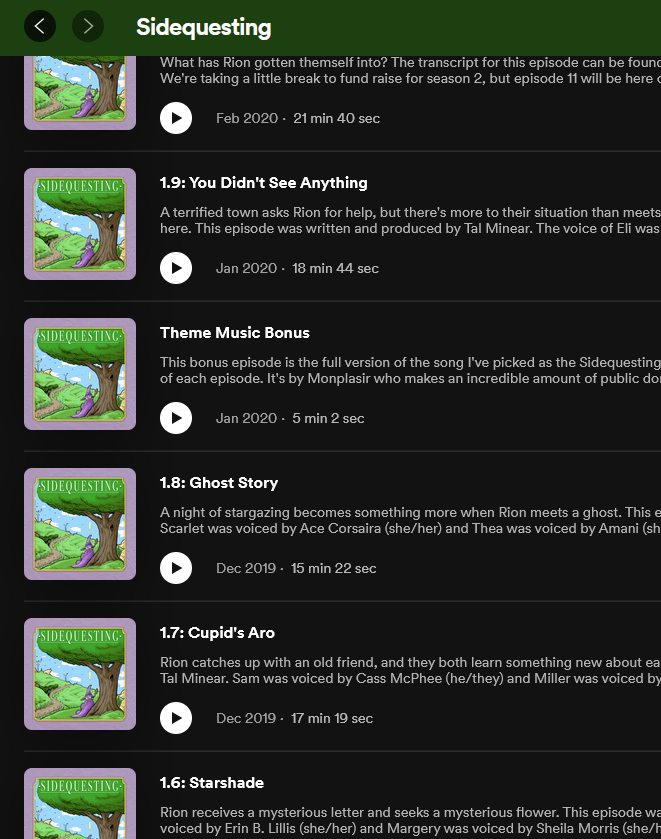 A screenshot of the Spotify page for a podcast that has the same cover image for every individual episode