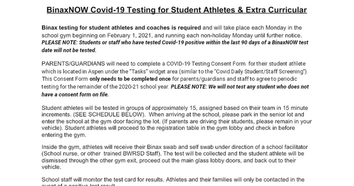 Student Athlete BinaxNOW Testing procedure