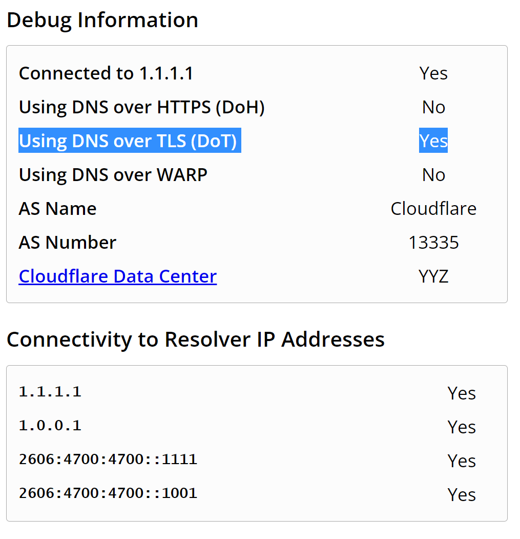 1.1.1.1 help, shows using DNS over TLS is equal to yes