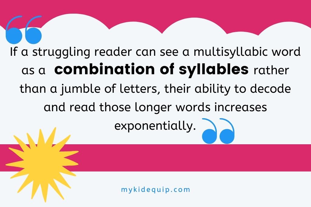 A quote about how seeing words as a combination of syllables helps struggling readers to tackle a multisyllabic word