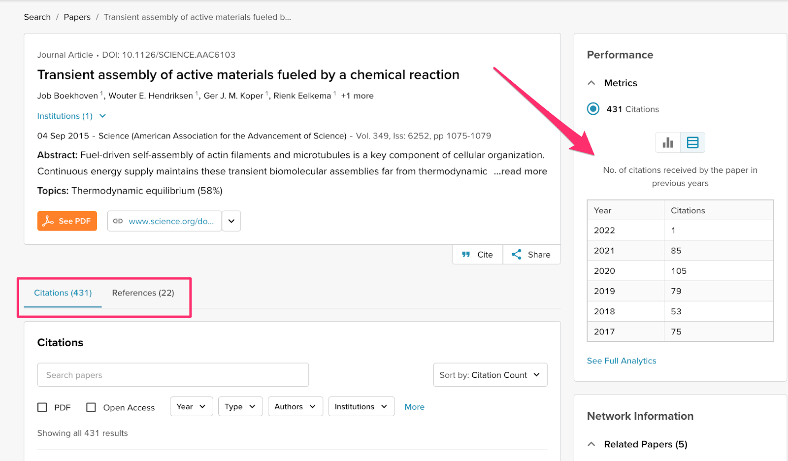 SciSpace helps you assess the credibility of research papers by showcasing citation count and H-index