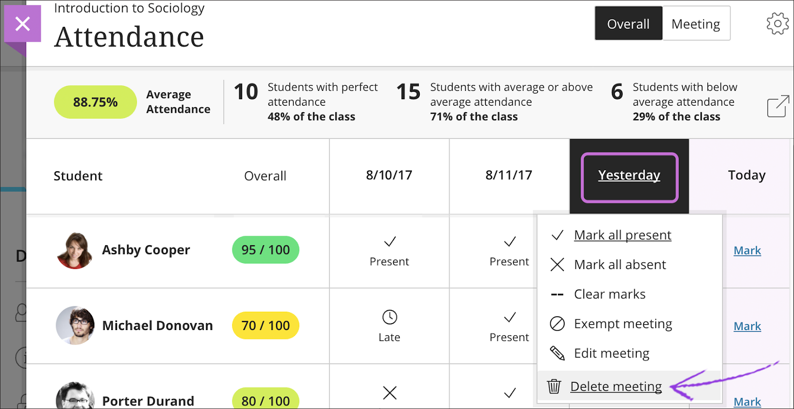 Image showing how to delete a meeting in overall view