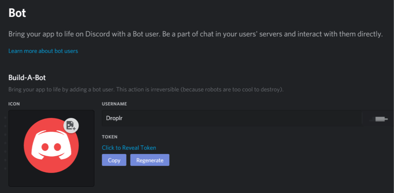 build-a-bot with icon, username, and click to reveal token