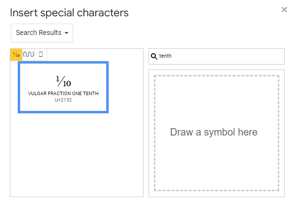 searching for one-tenth symbol in special characters in google docs